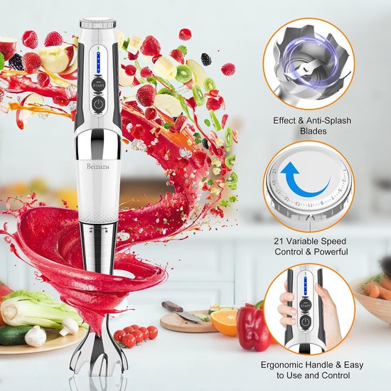 Draadloze Staafmixer - Keukenmixer - Eten Bereiden - 21 Snelheden - 700 ml - Wit — afbeelding 2