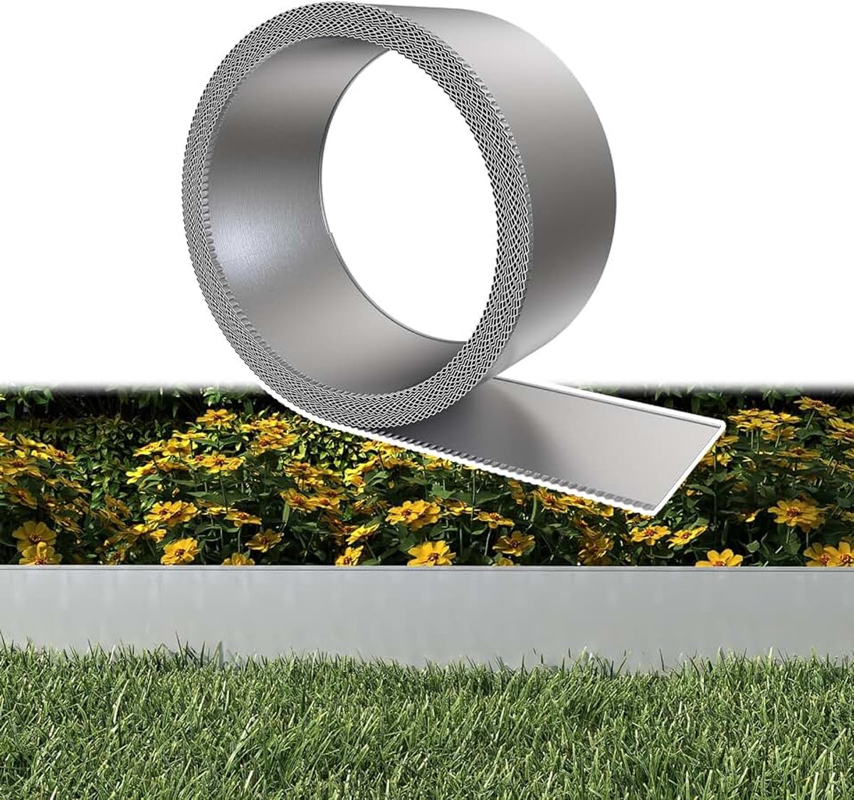 Gazonrand van metaal, 15 m gazonrand, 15 cm hoge maaikant met gegalvaniseerde verbinding en gekartelde randen, doe-het-zelf flexibele snijbaar, tuinpalissade, zilver