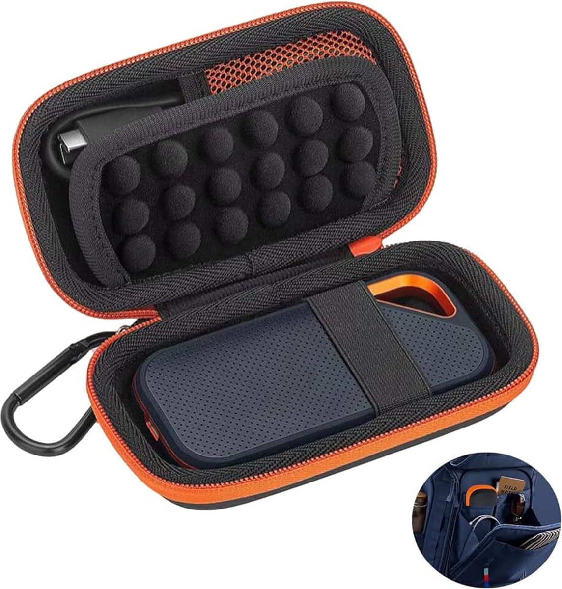 Hoes voor SanDisk Extreme Pro/Portable SSD 1TB 2TB 4TB, beschermhoes van Oxford-stof en EVA, schokbestendig, zwarte draagtas met karabijnhaak voor externe harde schijf en kabels