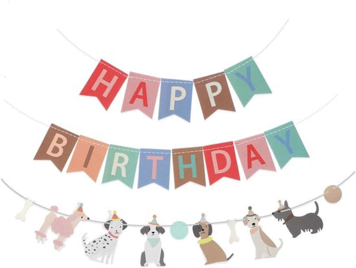 Hond thematisch Happy Birthday-bannerset, banner met hondenmotief, Happy Birthday-achtergrond, kleurrijke decoratie, feestaccessoires voor kinderen, baby's en honden (stijl A)