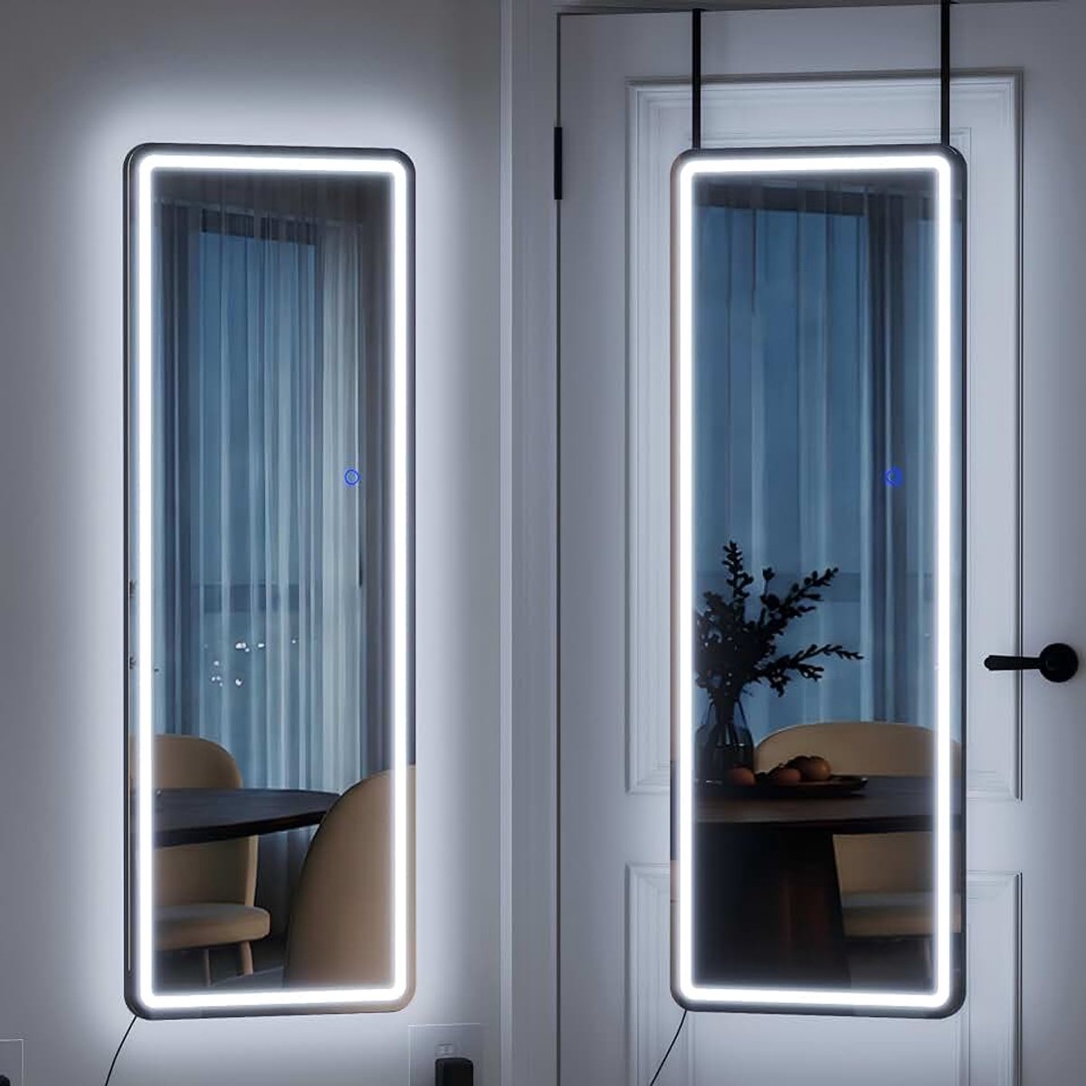 LED Wandspiegel Lange, Smalle spiegelhouder met verlichting, Aan de deur/muur, 3 Lichtkleuren, Moderne Deurspiegel Rechthoekige, Ophangspiegel voor Slaapkamer Woonkamer, 120 x 37 cm (Zwart)