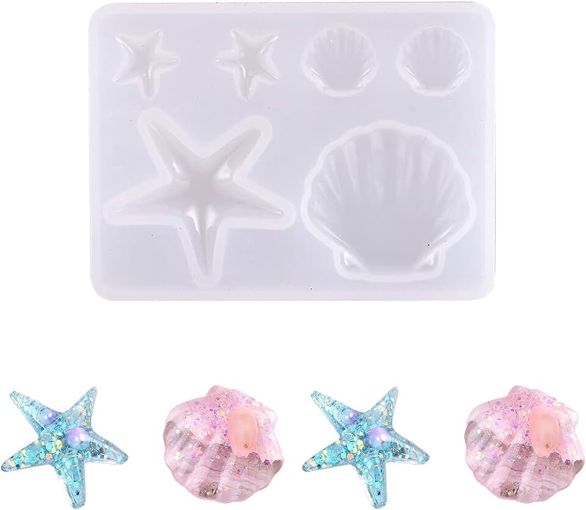 5 stks Marine Organism Hars Siliconen Mallen Zeeschelp Zeester Casting Mallen Epoxy UV Hars Mold voor DIY Ambachten Decoratieve Hanger Maken, Wit