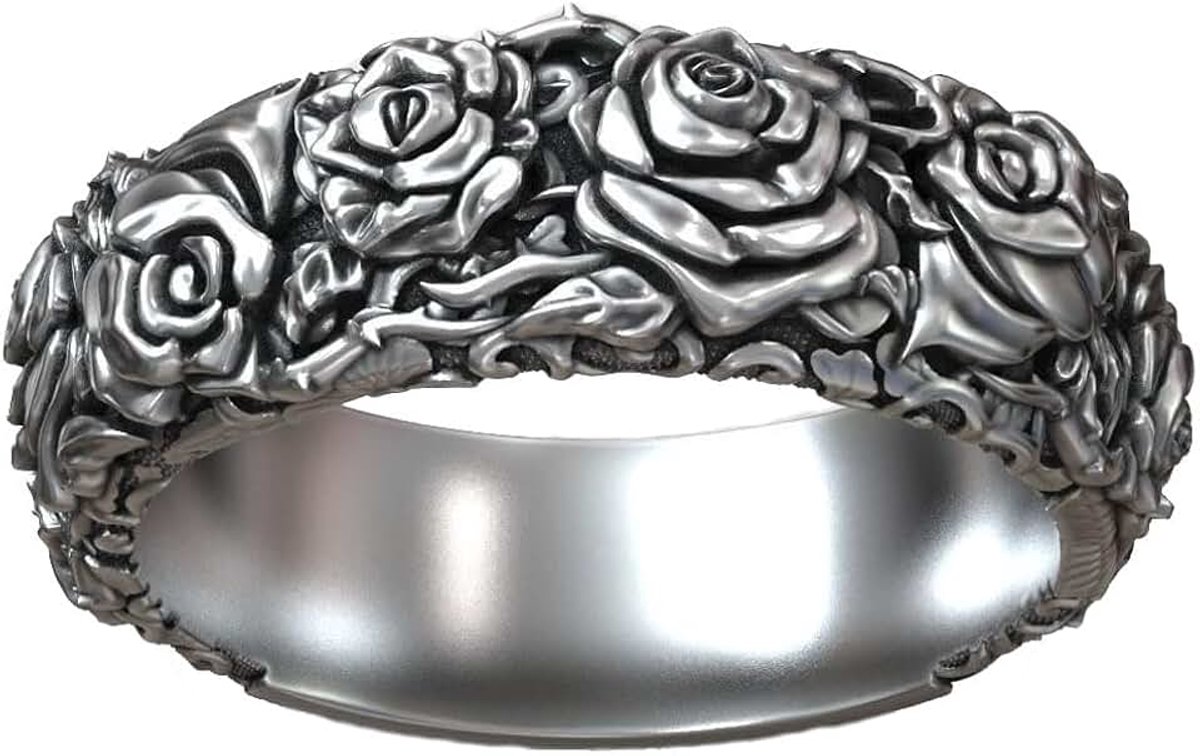 Sz6-13 Rozen doorn patroon biker ring 925 massief sterling zilver, Zilver Zwart en zilver