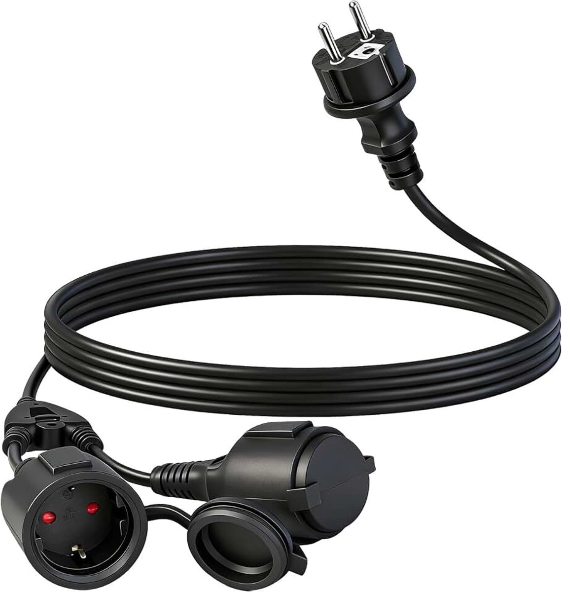 Verlengkabel met geaarde stopcontacten, 2 m, 16 A, 250 V, outdoor, meervoudig stopcontact, IP44 waterdicht, dubbele stekker voor buiten, voor tuin, kantoor en thuis