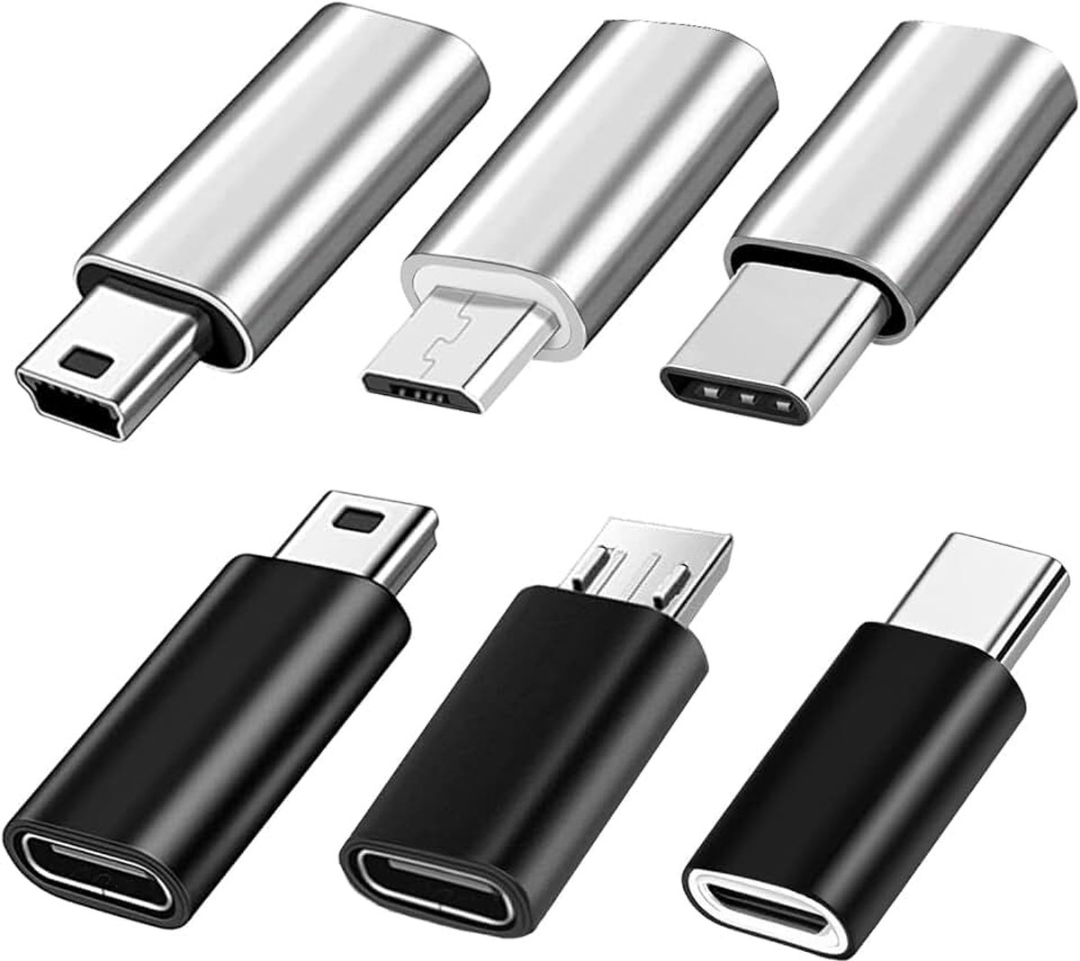 USB C Adapter (6 Stuks), USBC Man naar MicroUSB Female, USBC Female naar MicroUSB Male, Type C Female naar MiniUSB Male, Compatibel met Smartphones, Tablets en Andere Apparaten (Zwart en Zilver)
