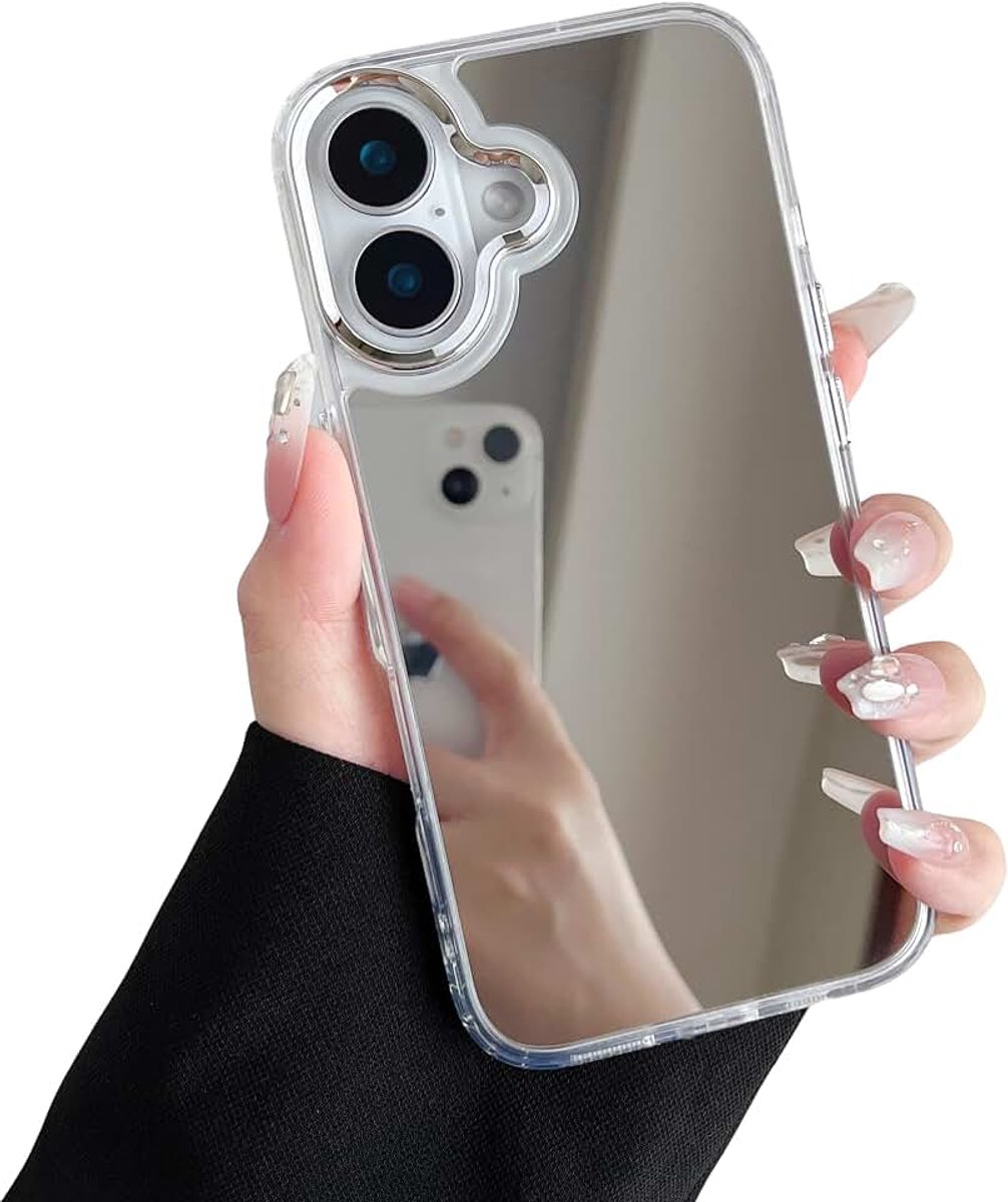Hoesje voor iPhone 16, luxe spiegel make-up hoesje kristalhelder heldere achterkant zachte TPU en harde PC slanke hoes, volledige cameralens beschermende schokbestendige krasbestendige hoes