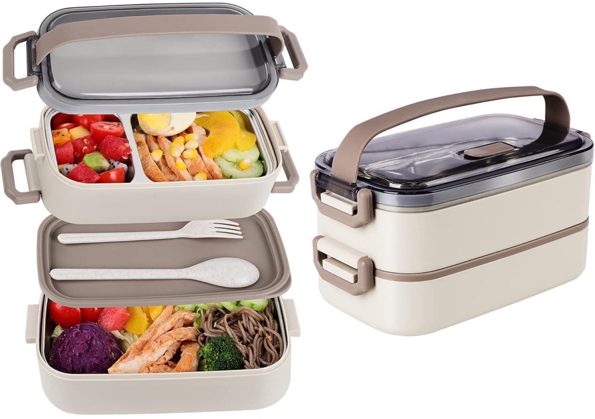 GELLDG 2-laags Bento Doos - Roestvrijstalen Lunchbox - 19.5x11.5x10.5cm - Thermisch Geïsoleerd en Geschikt voor Magnetron - Geschikt voor Kantoor, School en Picknick - Metaal - Incl. Verdelingen en Deksel