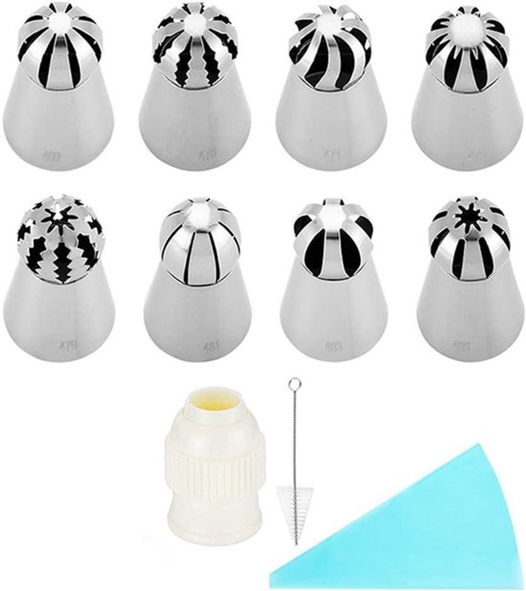 - Bakbenodigdheden Set - Russische Piping Tips - Voor Taart en Cupcake Decoratie - 11 Stuks - 8 Tips - Herbruikbare Siliconen Zak - Gratis Reinigingsborstel - Geschikt voor Bakken - Verschillende Kleuren