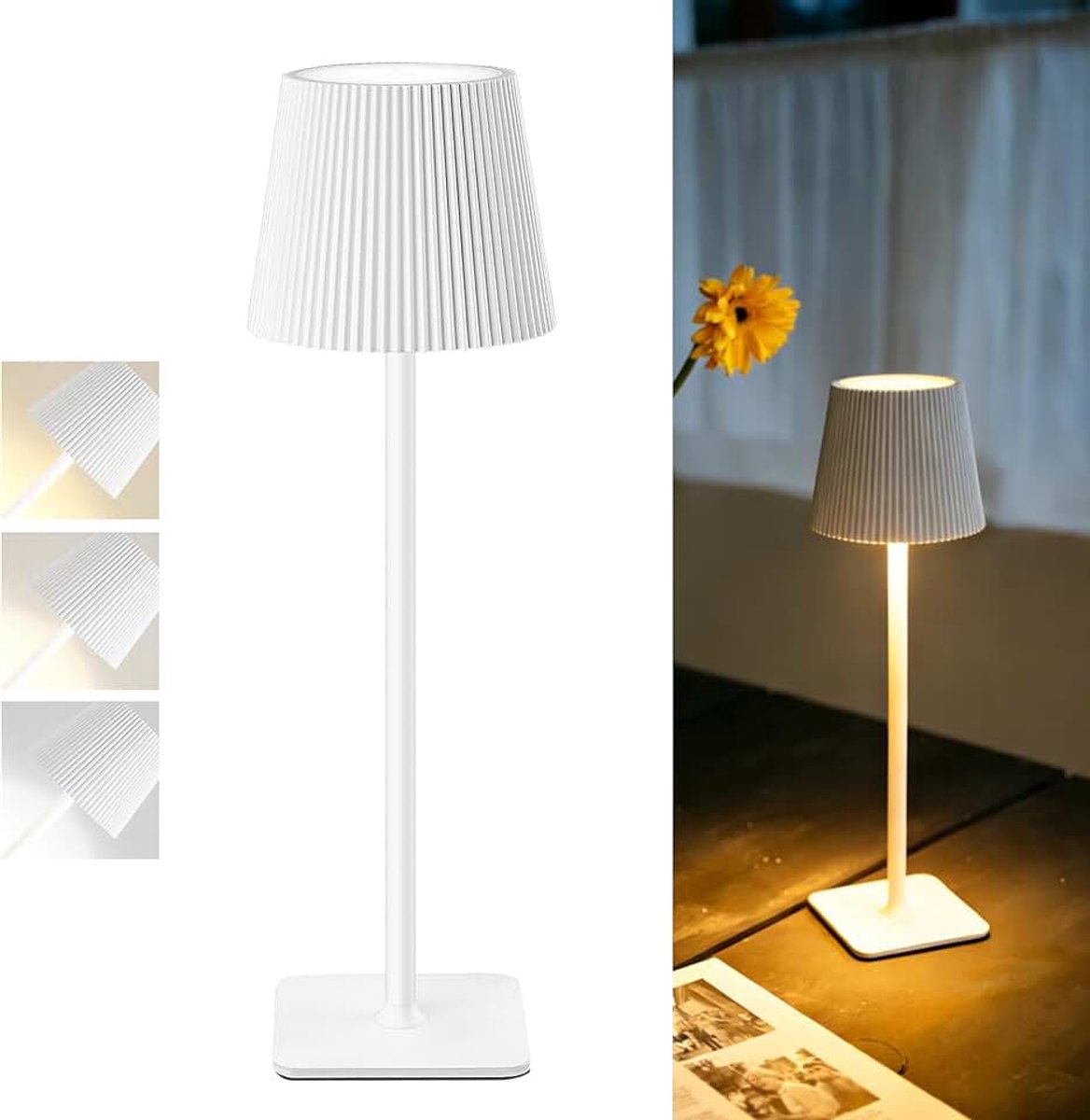 Led-tafellamp met touch control, dimbare 5200 mAh batterijlamp, 3 kleurtemperaturen, IP44 waterdicht, perfect voor binnen en buiten, wit
