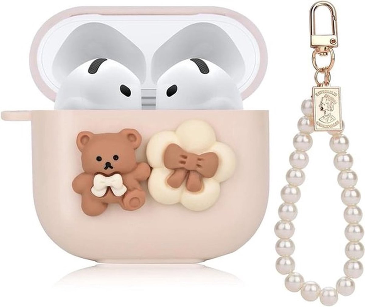 Cartoon beer strik bloemen design siliconen hoes AirPods 4 parelketting zachte beschermhoes sleutelhanger energiezuinig.
