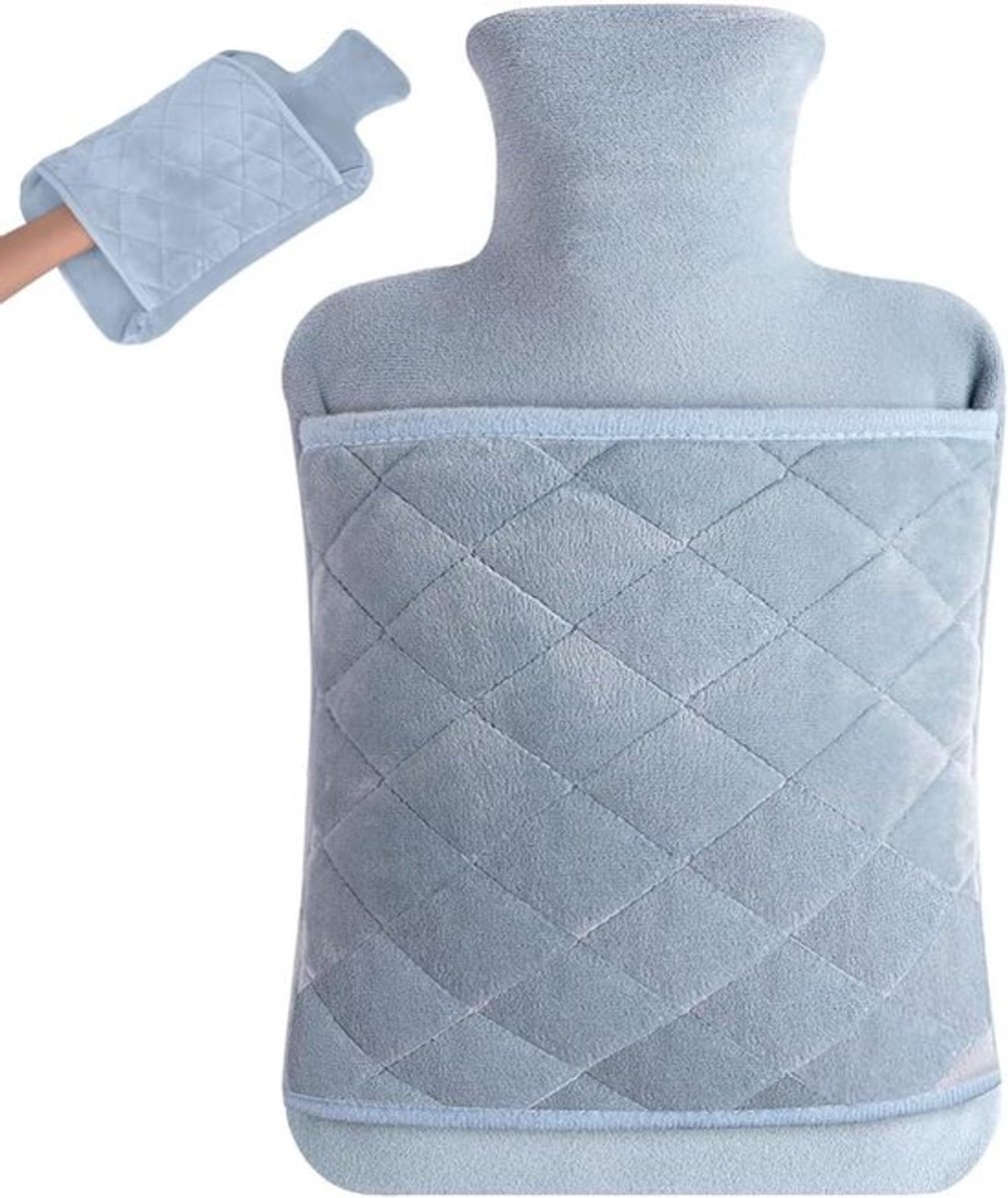 Warmwaterkruik met pluche hoes, 2 liter, warmte en comfort, nek/rug/taille, cadeau verjaardag, Kerst, Moederdag, baby (blauw-grijs)