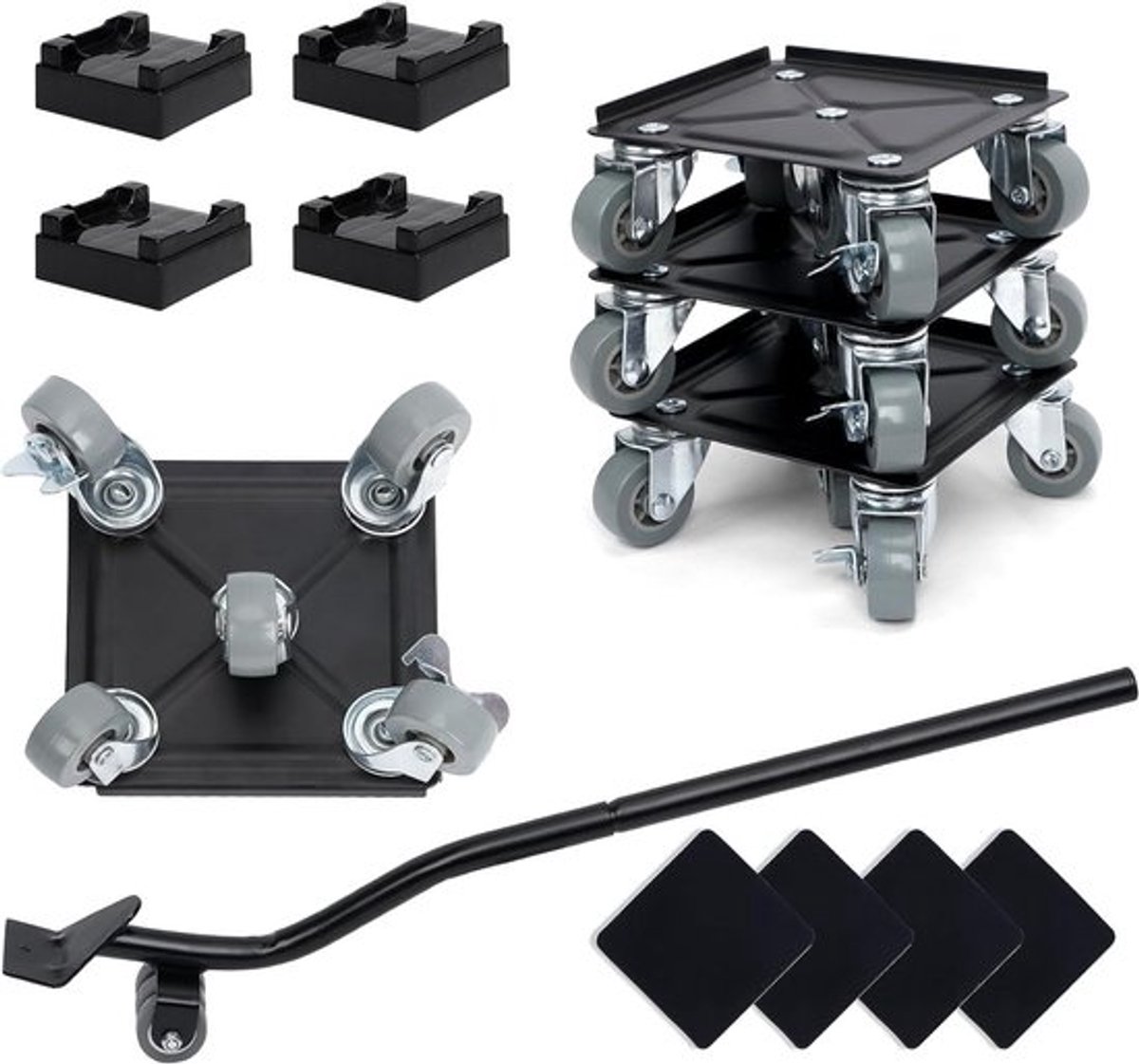 Set van Meubeltransport Rollers met 5 Wielen en 360 Graden Rotatie voor Tot 500 kg, 4 Stuks met 1 Hefboom, Stevige Meubeltransport Hulp voor Makkelijk Verhuizen van Meubels en Zware Voorwerpen