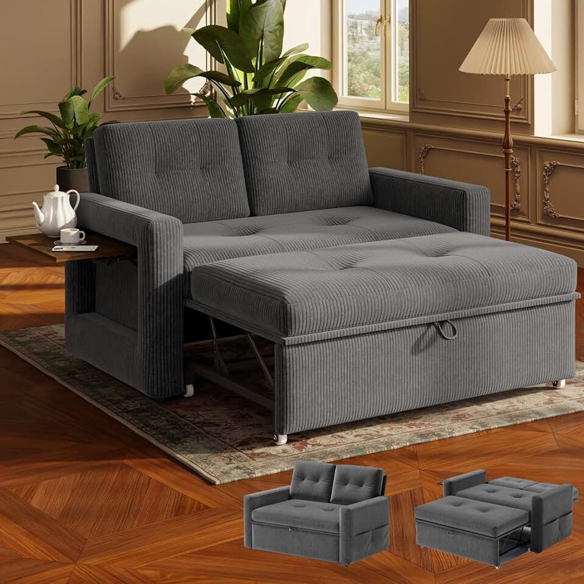 3-in-1 slaapbank, fauteuil met loungefunctie, 2-zitsbank voor ontspanning met verstelbare rugleuning in 5 posities, met tafel en zijzakken, grijs corduroy