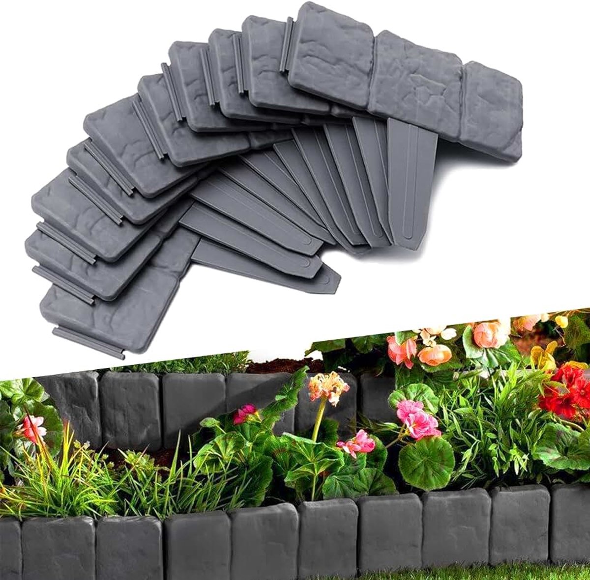 Kunststof, 10 m, steenlook, flexibele bloembedrand, gazonrand, maairand, tuinpalissade, 40 stuks, 25 x 23 cm, antraciet