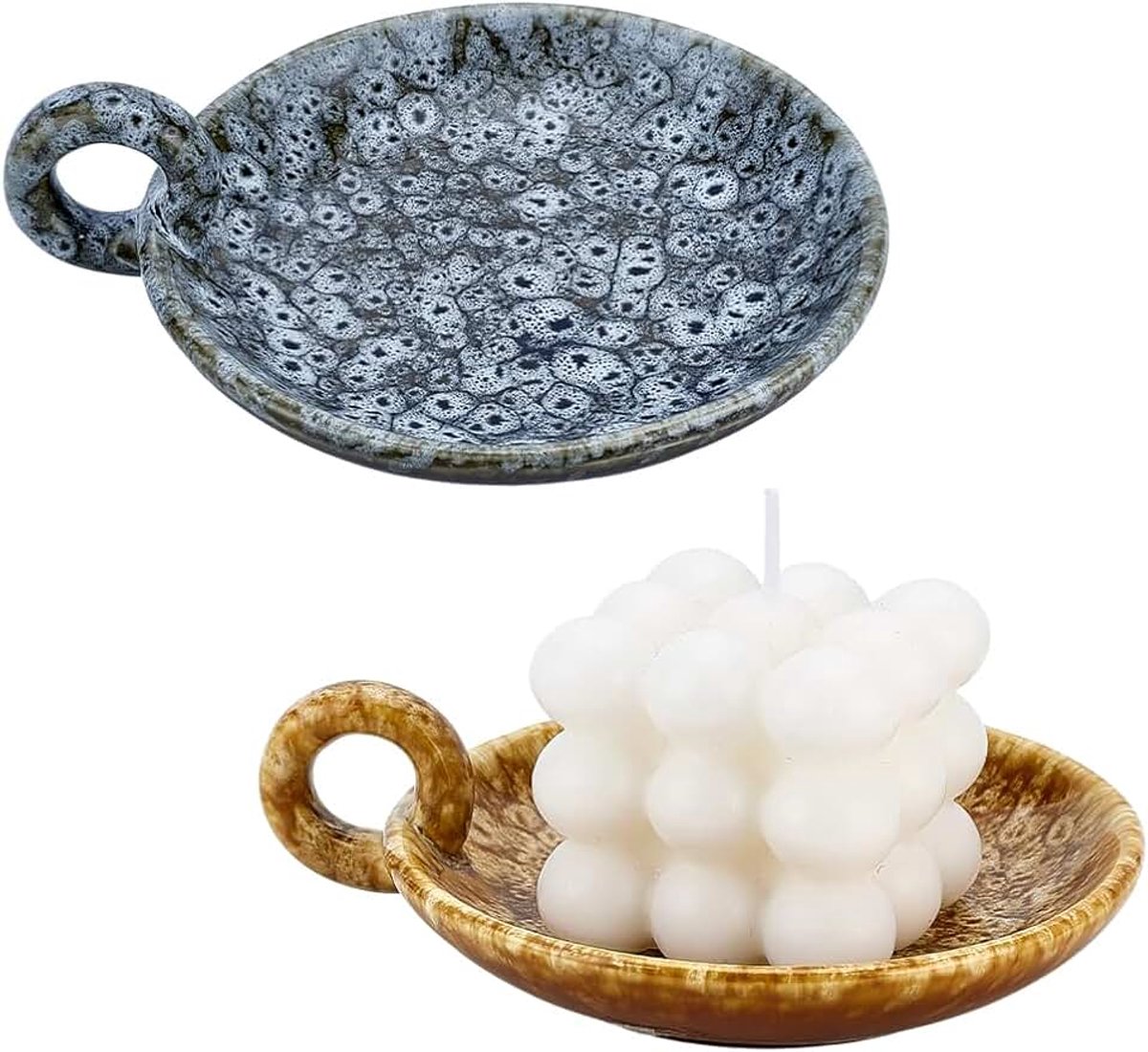 PandaHall Vintage keramische kaarsenbak 2 stuks 4,8 ~ 4,9 inch rustieke woondecoratie keramische kaarsplaten met handvat voor brandende salie meditatie yoga kamer kerstdecoratie, 2 kleuren