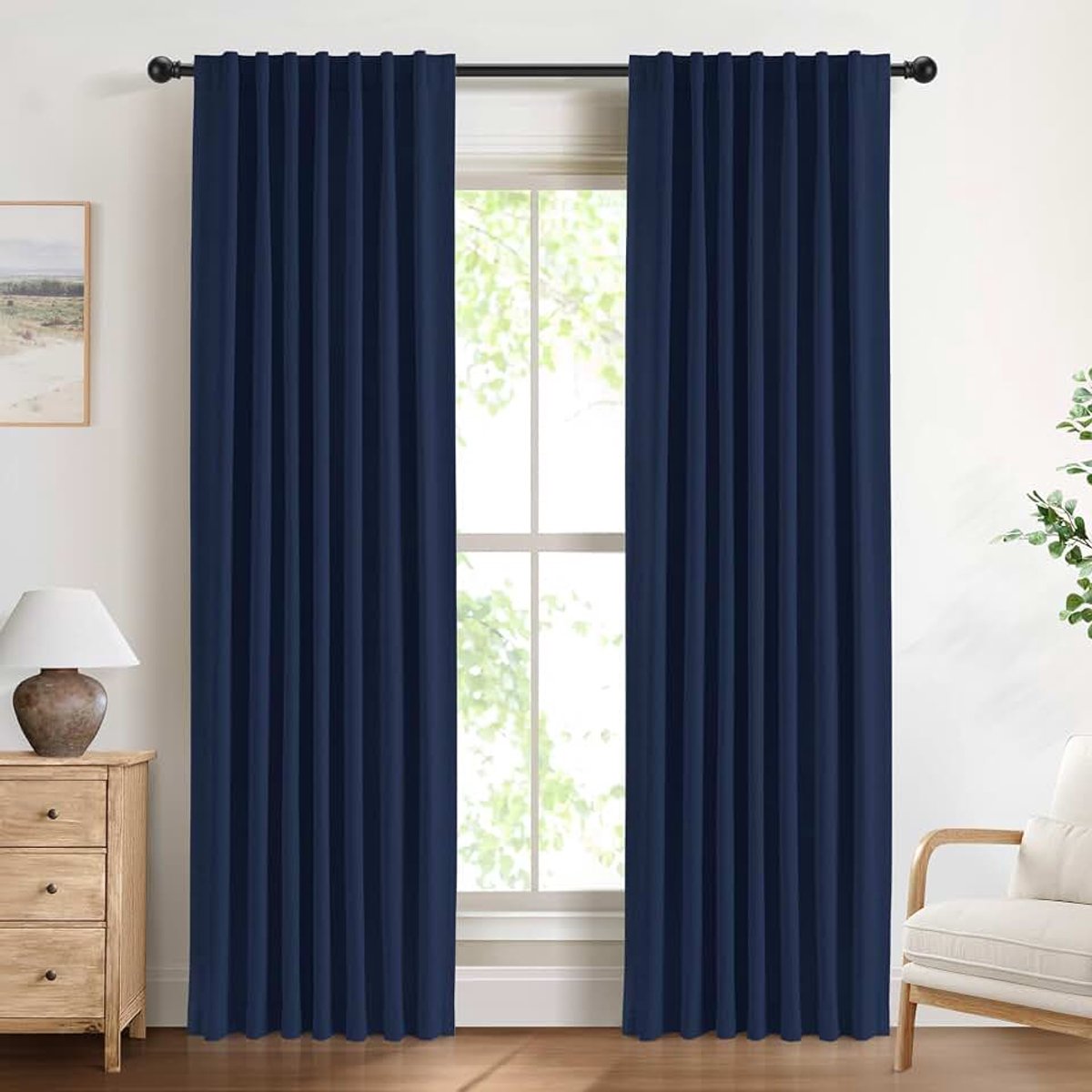 100% ondoorzichtige gordijnen met oogjes, linnen textuur, discreet, set van 2, H 245 x B 140 cm, inkijkbescherming, gordijnen met lussen, voor slaapkamer of woonkamer, nachtblauw