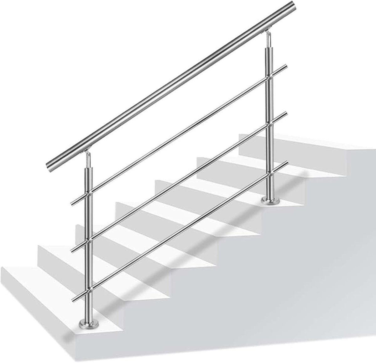 Roestvrijstalen handrail, reling voor trappen, binnen en buiten, balkon, balustrade, zilver, lengte: 200 cm, met 2 dwarsliggers