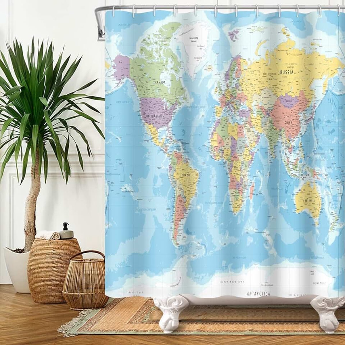 175x190cm Wereldkaart Douchegordijn Landen en steden Aardrijkskunde Educatief Badgordijn Blauw Oceaan Continenten Badgordijn voor Kinderen Badkamer Stof Polyester Waterdicht met haken