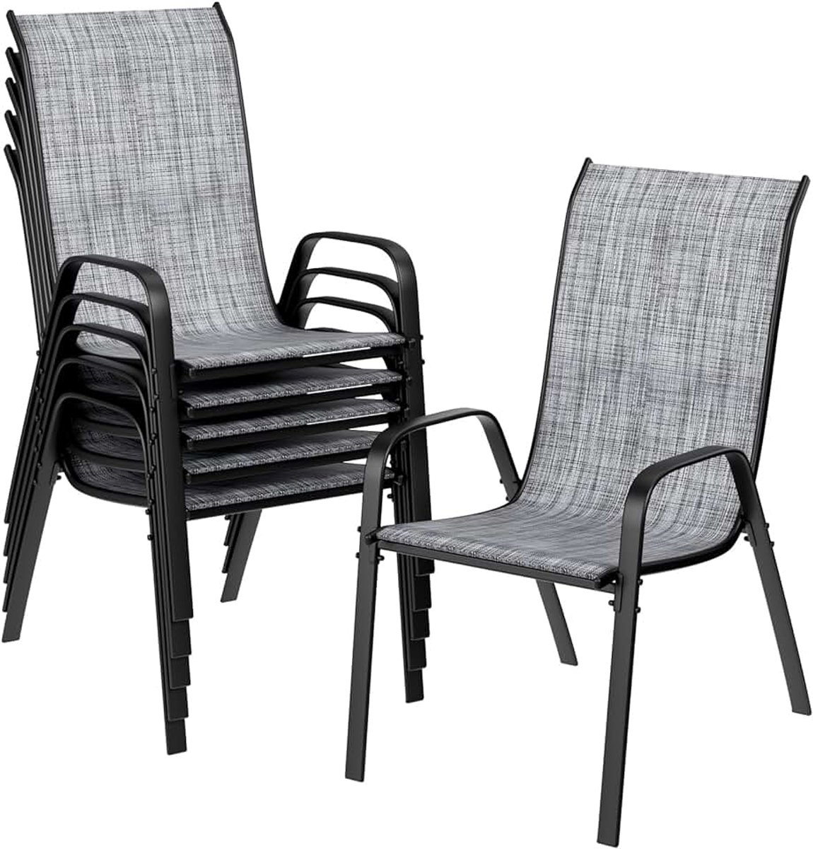Tuin stoelen, stapelbaar, met hoge rugleuning, voor tuin, binnenplaats, balkon, restaurant, belasting 150 kg, 54 x 69 x 93 cm (6 stuks, grijs linnen)
