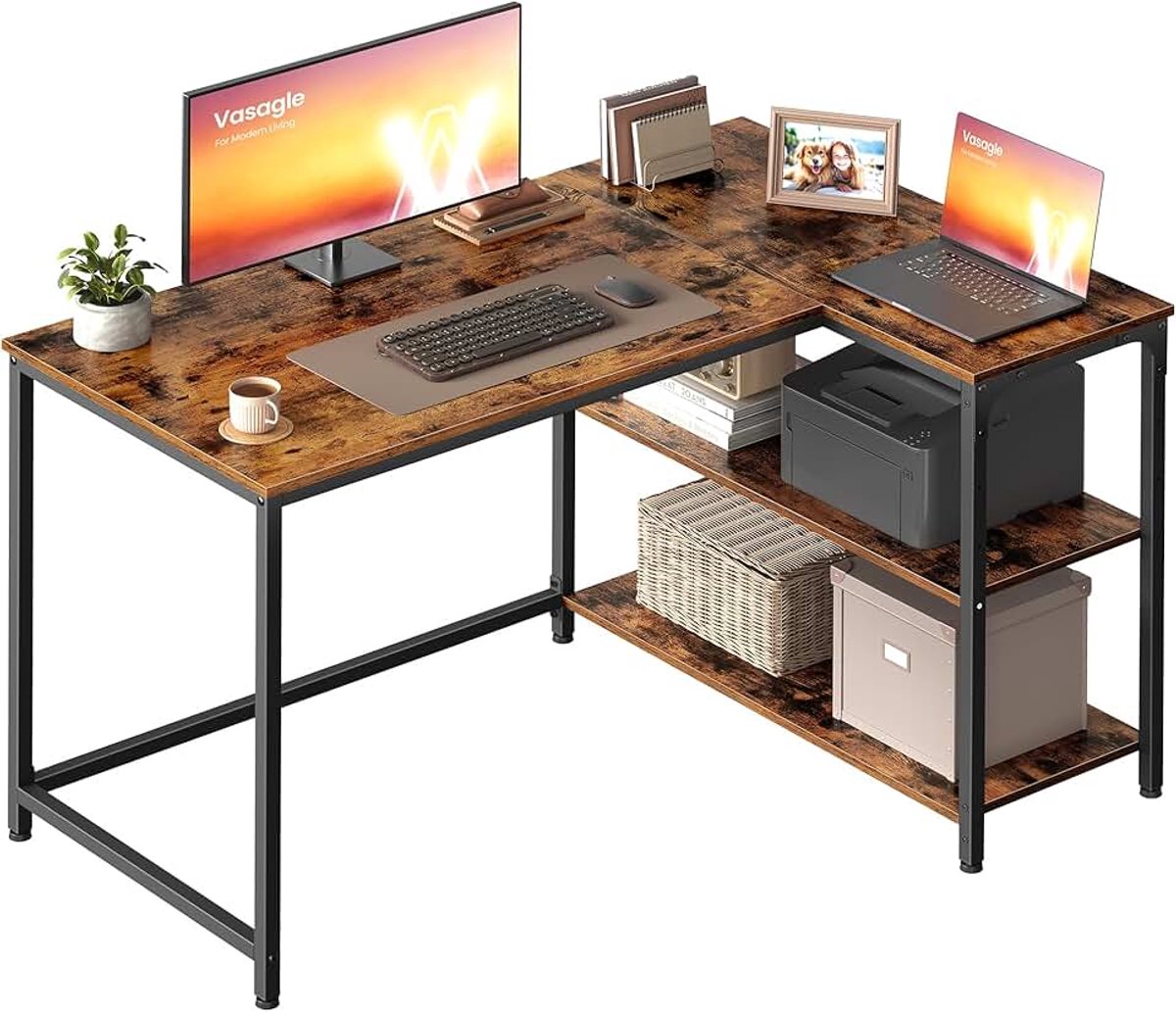 LWD135KD01 L-vormig hoekbureau, computergamingbureau met opbergruimte, omkeerbaar, in hoogte verstelbare planken, voor thuiskantoor, 110 x 80 cm, rustiek bruin