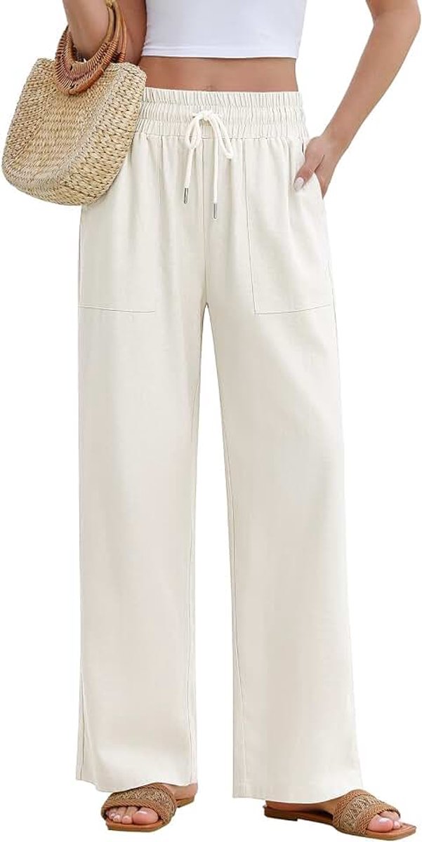 Linnen broek voor dames, lichte zomerbroek, brede elastische taille, effen, joggingbroek, zomer, strandbroek, vrijetijdsbroek, stoffen broek met trekkoord en zakken
