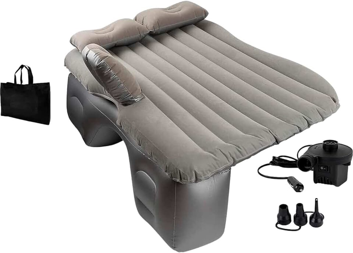 , automatras, opblaasbaar automatras, 1-zits opblaasbaar bed, met 12V elektrische luchtpomp en 3 adapters (grijs)