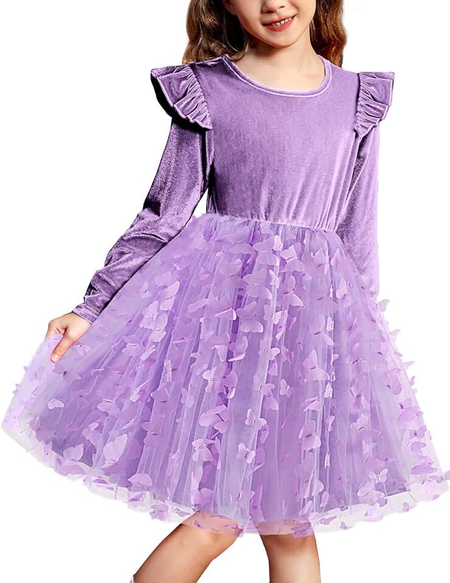 Meisjesjurk, fluwelen kinderjurk, feestelijke jurk met lange mouwen, tule jurk, verjaardagsjurk, prinsessenjurk