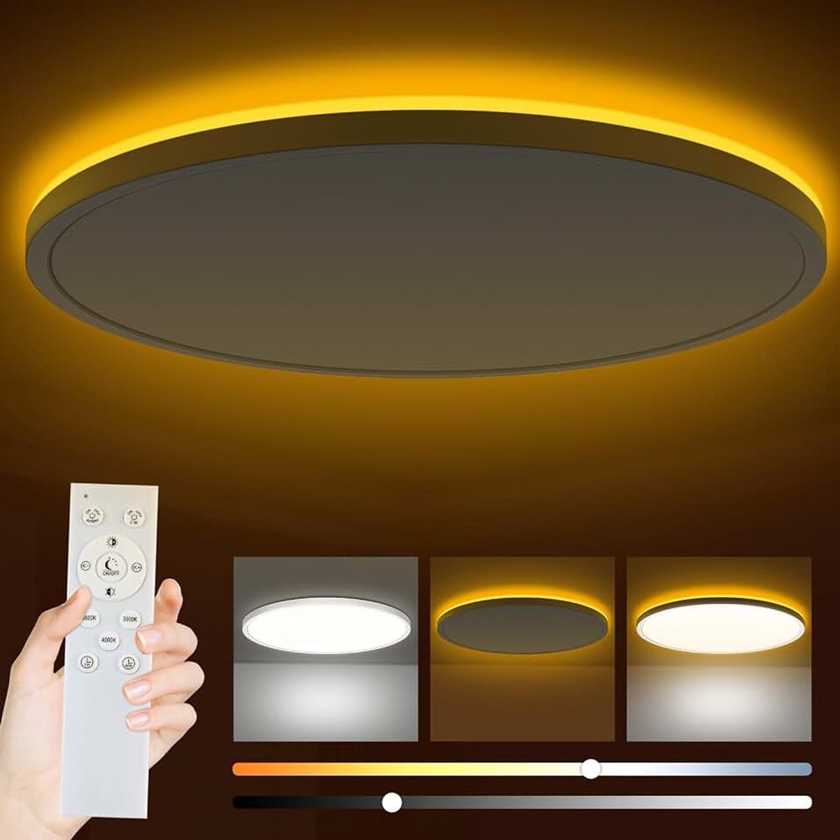 LED Plafondlamp, 36W 4200LM Plafondlampe met afstandsbediening, 3000-6500K Dimbaar, 1800K nachtlampje, amber badkamerlamp voor woonkamer keuken kinderkamer slaapkamer, Rond WitØ39x2.5cm