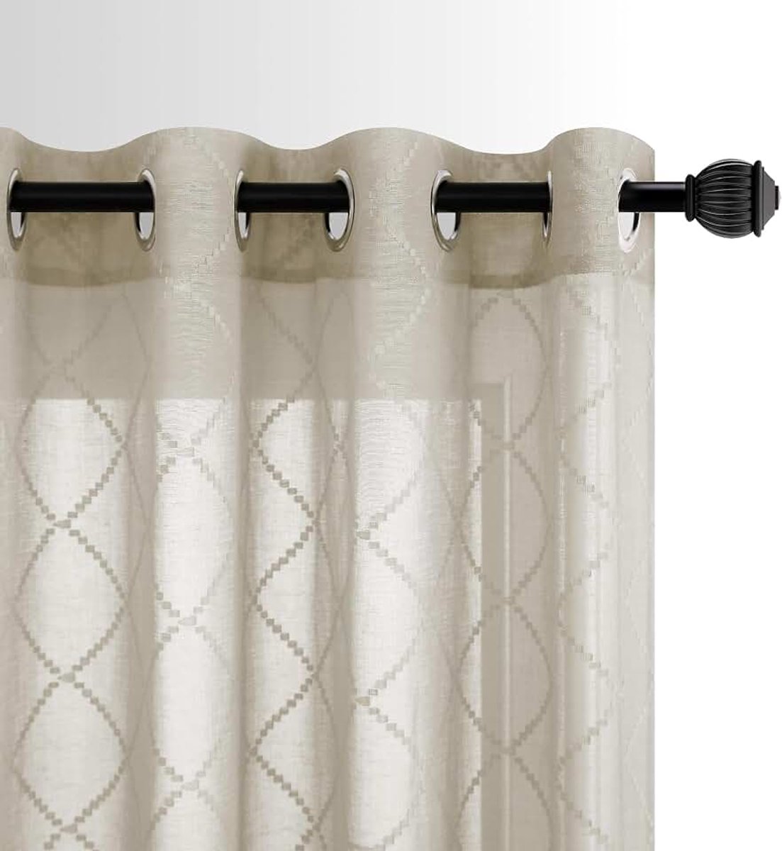 Bruine transparante gordijnen voor de woonkamer en slaapkamer, klassiek ontwerp met geborduurd golvend diamantpatroon, 244 cm lang met linnenlook, lichtdoorlatend, met ringen voor eenvoudige