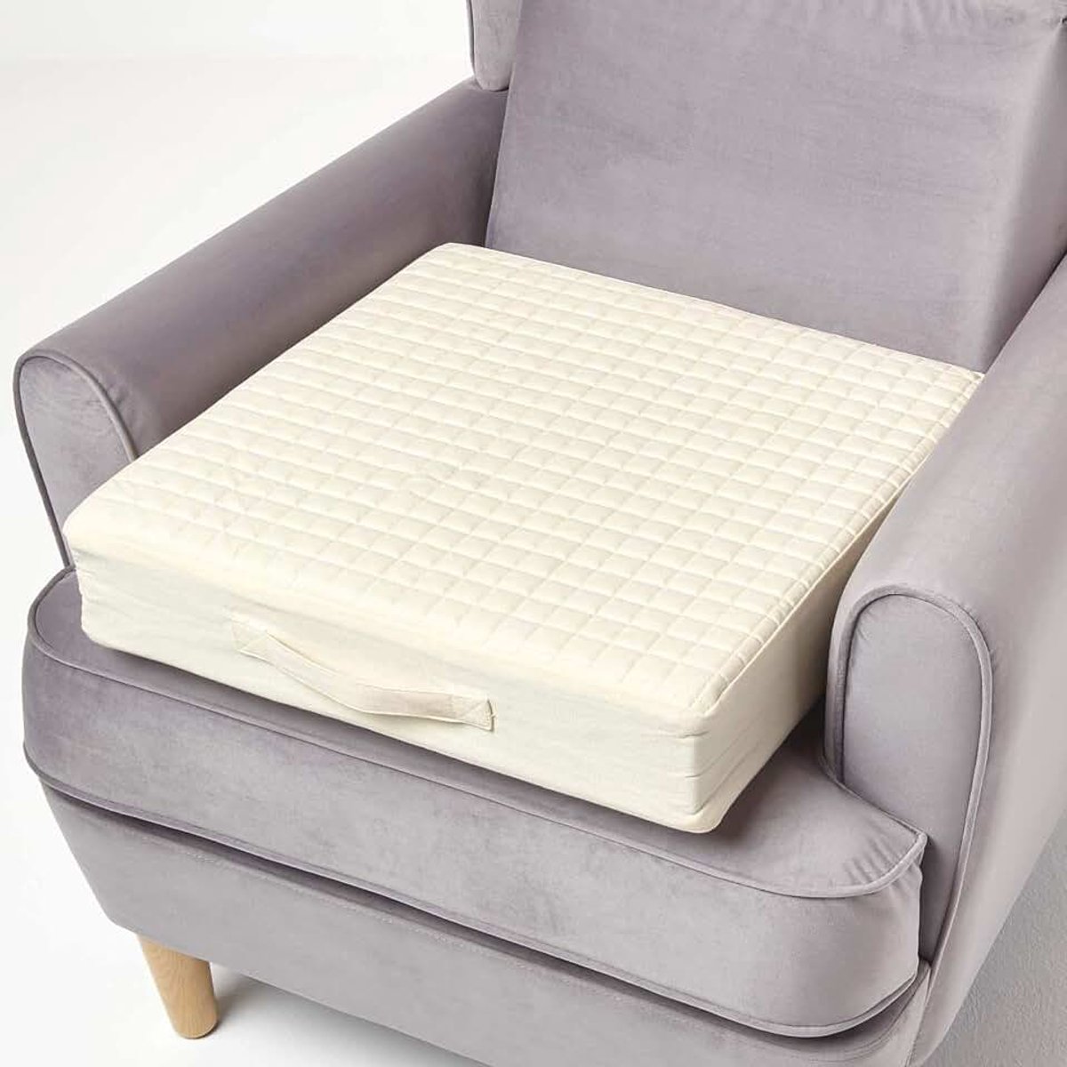 Crème gewatteerde fauteuil Booster kussen met afneembare hoes 50 cm vierkant 10 cm diep stevig orthopedisch schuimkussen zitkussen met zachte 100% katoenen wasbare hoes