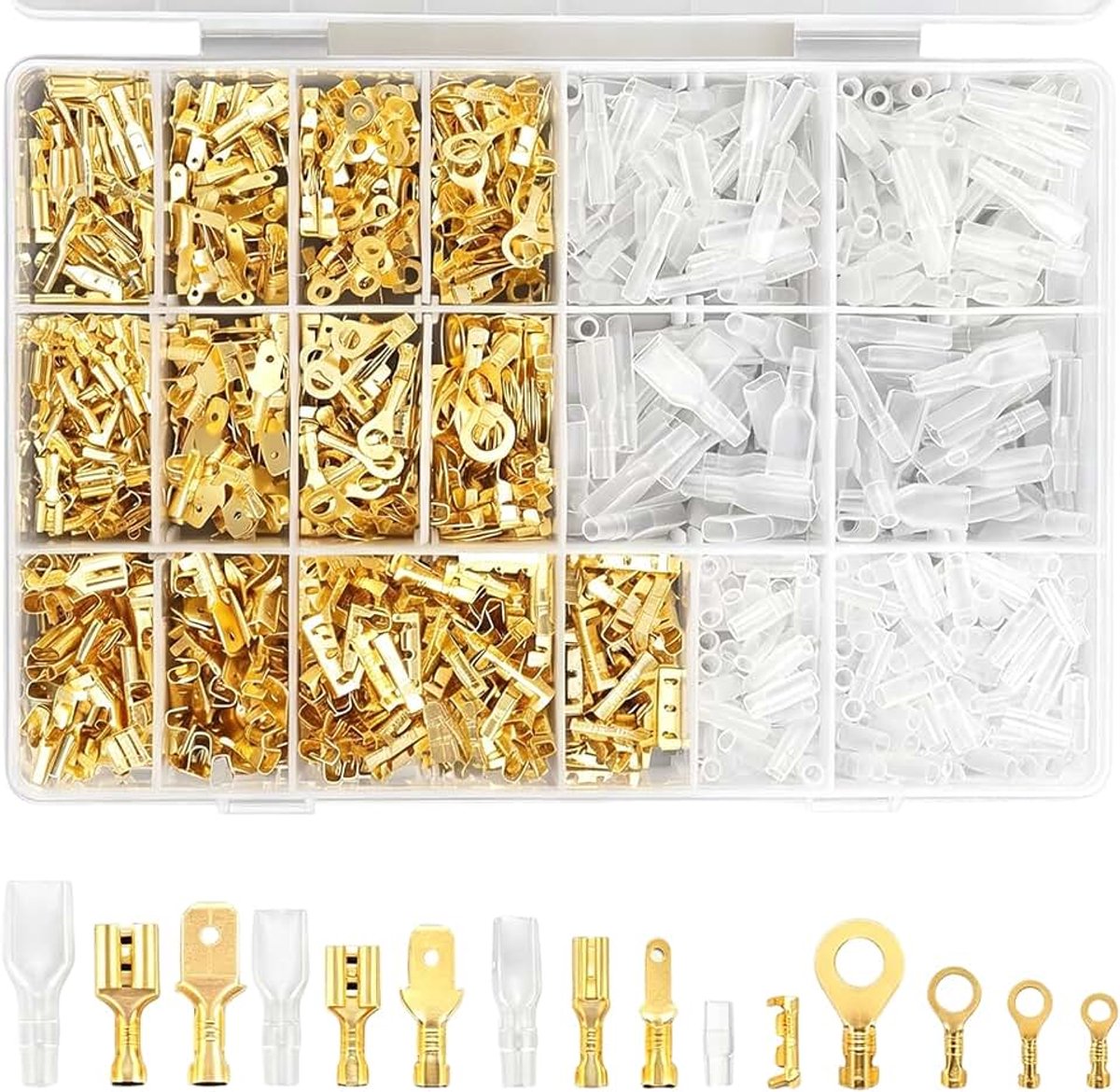 1000 stuks kabelschoenen platte stekker platte steekhulzen set 2,8/4,8/6,3 mm + ringkabelschoenen M3-M6, mannelijk + vrouwelijk, geïsoleerde kabelstekkers - universeel voor elektrische installatie en