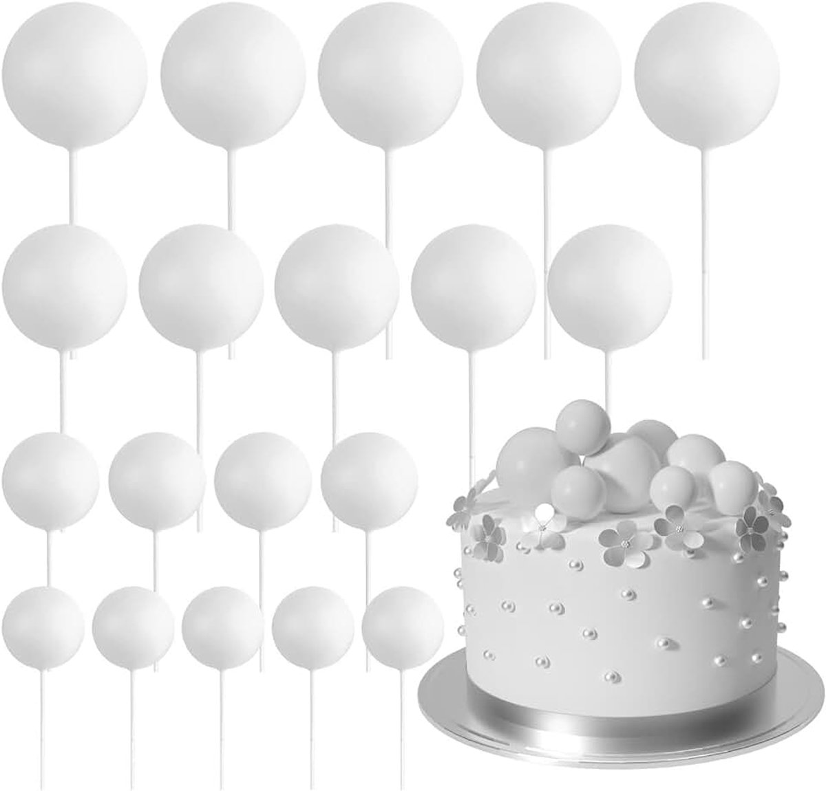20 stuks baltaarttopper decoraties mini-ballonnen taarttopper sticks witte ballen taartplectrums taarttopper ballen taartdecoraties voor bruiloft verjaardag taartdecoraties