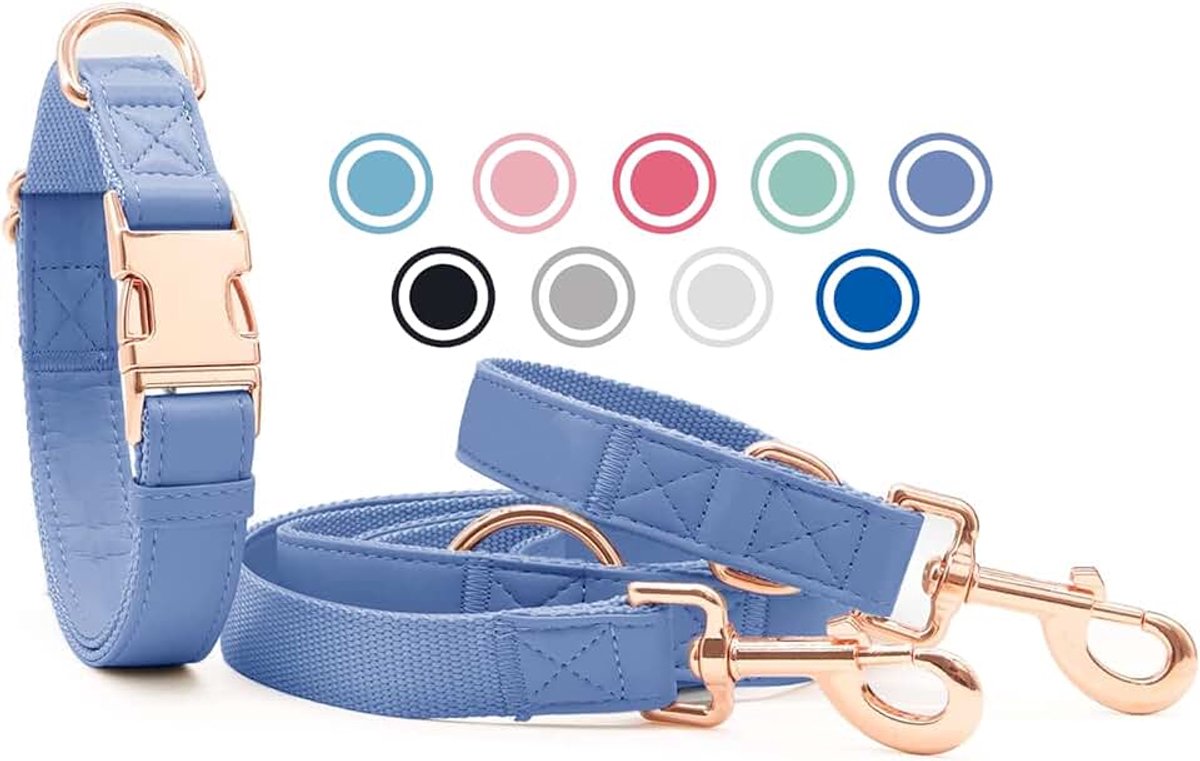 Lederen hondenhalsband en riem (2 m) set - 3-voudig verstelbare hondenriem met halsband, stijlvolle roségouden metalen gesp & nylon hondenriem voor puppy's kleine middelgrote honden paars, XS