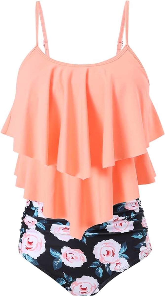 Tweedelige Hoge Taille Badmode Tankin Sets Ruches Ruches Badpak Zwemmen Kostuum