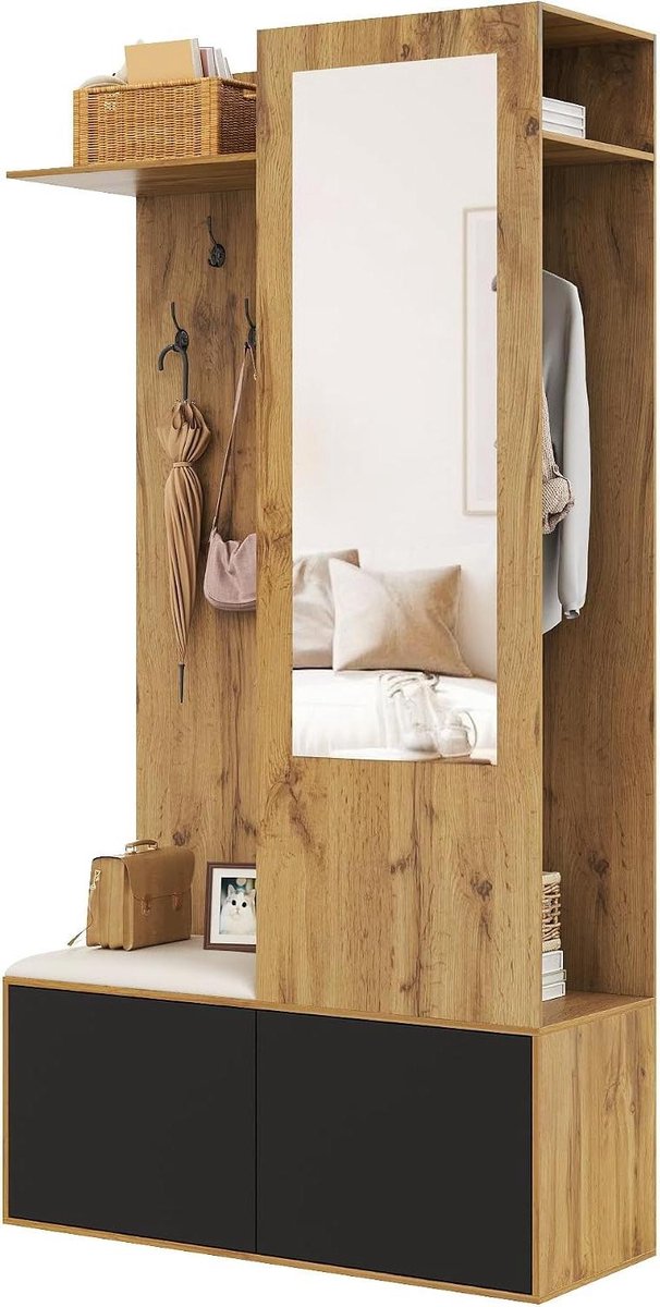 Kledingkast Set - Hal Meubel - Entree Organiseren - Met Spiegel - 191x100x38 cm - Hout Zwart