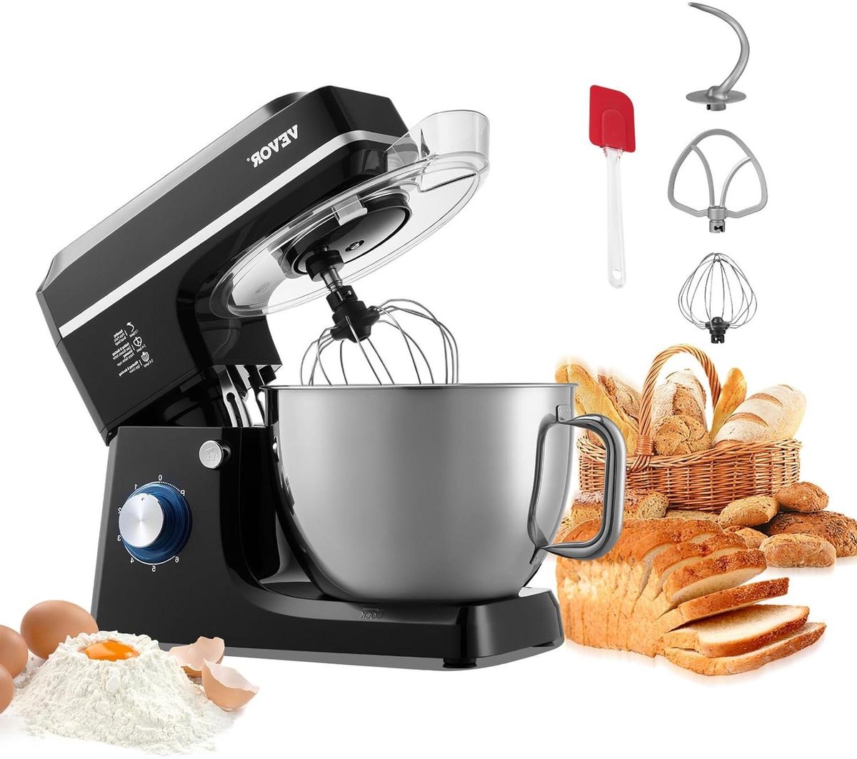 Keukenmachine Deegmixer - Huishoudelijke Mixer - Bakken en Mixen - 6 Snelheden Puls - 7.84L Kom - Zwart