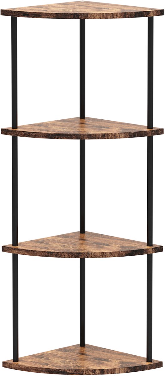 PIPIPOXER Hoekkast met 4 Lagen Hoekrek Opbergkast in Industriële Stijl 30 x 30 x 93 cm Staande kast voor Woonkamer Slaapkamer Keuken Woonkamer en Keuken Boekenkast en Plantenrek Verkoold hout + zwarte buis