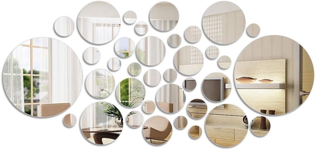 Spiegelstickers, stickers, modern, acrylspiegel van kunststof, zelfklevend, ronde spiegel, tv-achtergrond, voor op muur en tegels, 36 stuks, decoratie