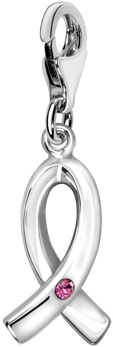 Dames Charm Bedel Verzilverd 3D Lintje met Zirkonia Roze Hanger voor Armbanden en Accessoires