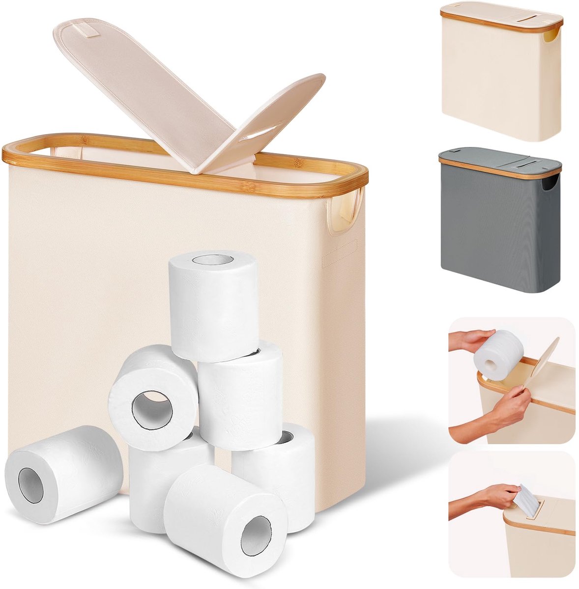 Efluky 28 l 2-in-1 toiletpapiermand met deksel, opbergmand van bamboe, smalle badkamermand, toiletpapierhouder, papierhouder voor 9-12 toiletpapierrollen, beige