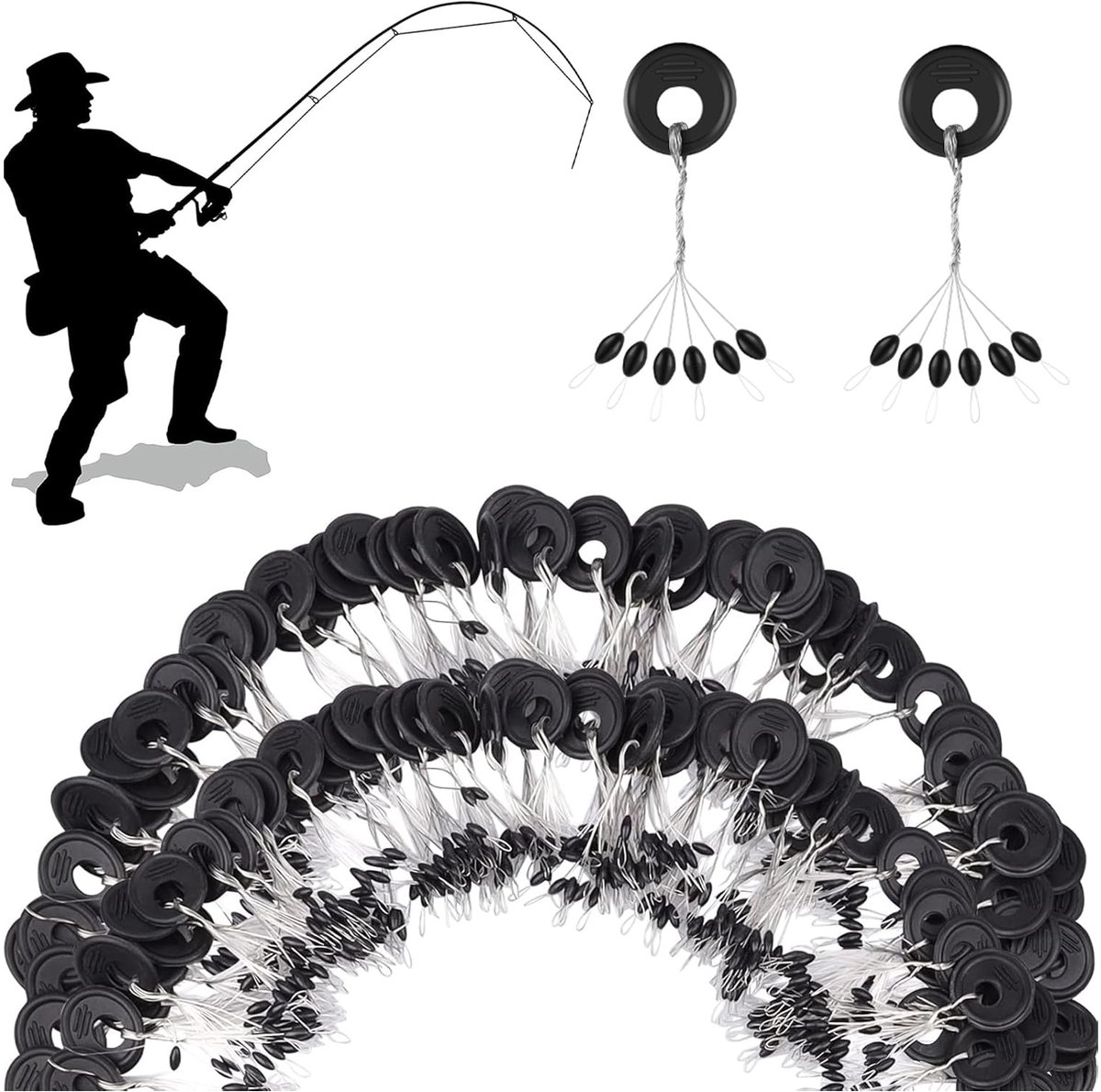 300 stoppers voor visserij, 6-in-1 stopper voor visserij, rubberen stoppers, drijvend, vislijn voor rivieren, meren, zeevissen, kunstbekkens (zwart)