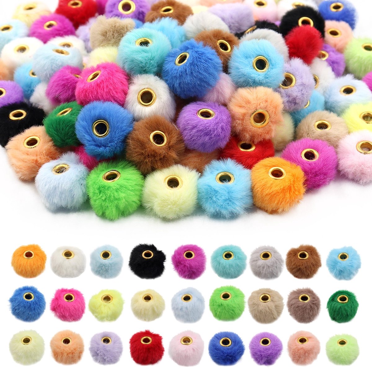 100 stuks pluizige kralen voor kralenpennen, kleine ambachtelijke pompons, pluizige kralen met grote gaten, zachte afstandhouder van imitatiebont voor sleutelhanger, handwerkaccessoires