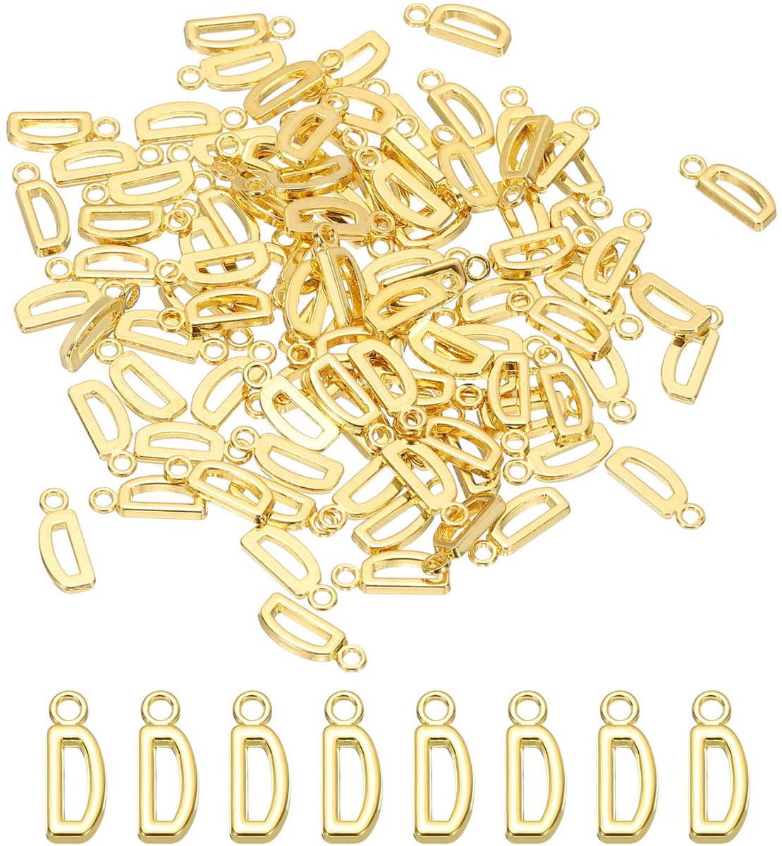 Letterbedel, 100 stuks alfabet bedel, initiële hanger, bulk, schattige doe-het-zelf voor het maken van sieraden, armbanden, oorbellen, ketting, sleutelhangers, knutselen, goudkleurig, letter D