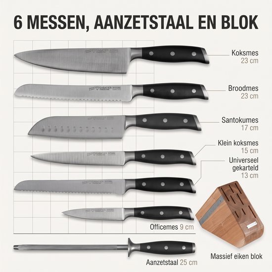 Zes Sabatier Integra messen, aanzetstaal en een blok van massief eikenhout. Maten variëren van 9 cm tot 25 cm.