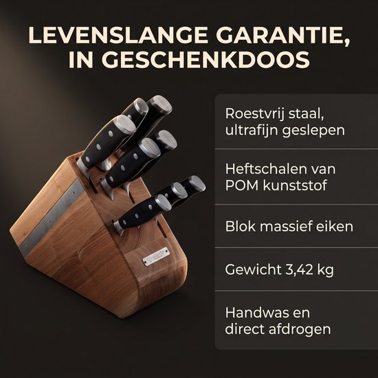 Een houten messenblok met zes roestvrijstalen messen, levenslange garantie, in geschenkdoos.