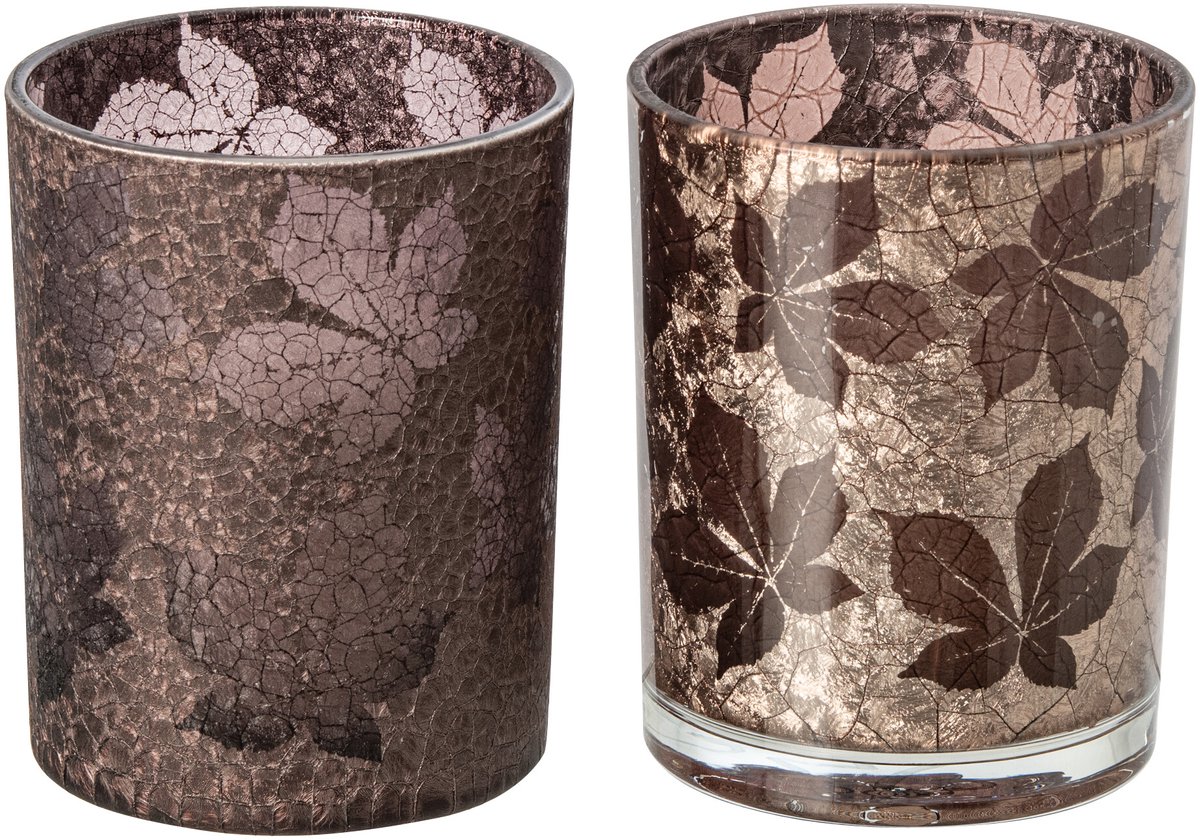 J-Line theelichthouder Bladeren Gekraakt - glas - donkerbruin/beige - medium - 2 stuks