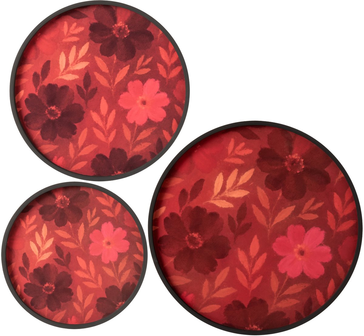 J-Line Ronde wanddecoraties met bloemen - MDF - fuchsia - set van 3