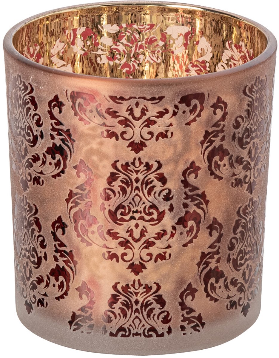 J-Line Windlicht met bloemen - glas - bordeaux/koraal - small - set van 4
