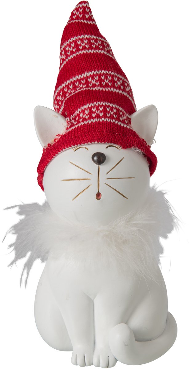 J-Line decoratie Kat Hoed - polyresin - wit/kerstrood - large
