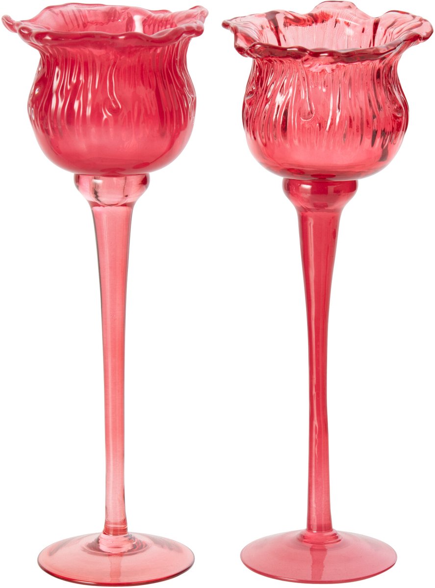 J-Line Tulpvormig windlicht op voet - glas - fuchsia - large - assortiment van 2